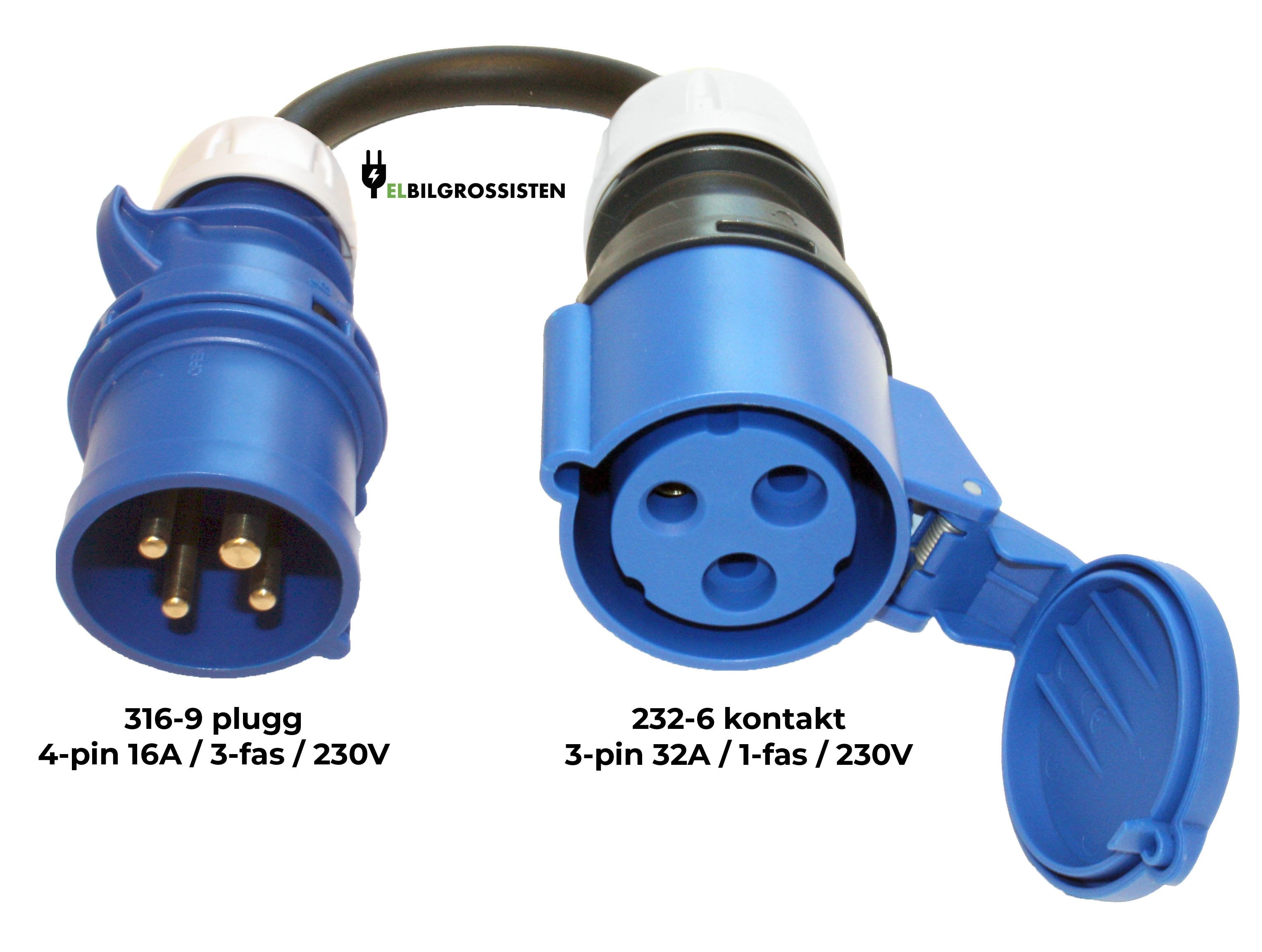 Ladekabel adapter — 16A/3-fas blå CEE industristøpsel (316-9) til 32A/1-fas blå CEE industrikontakt (232-6)