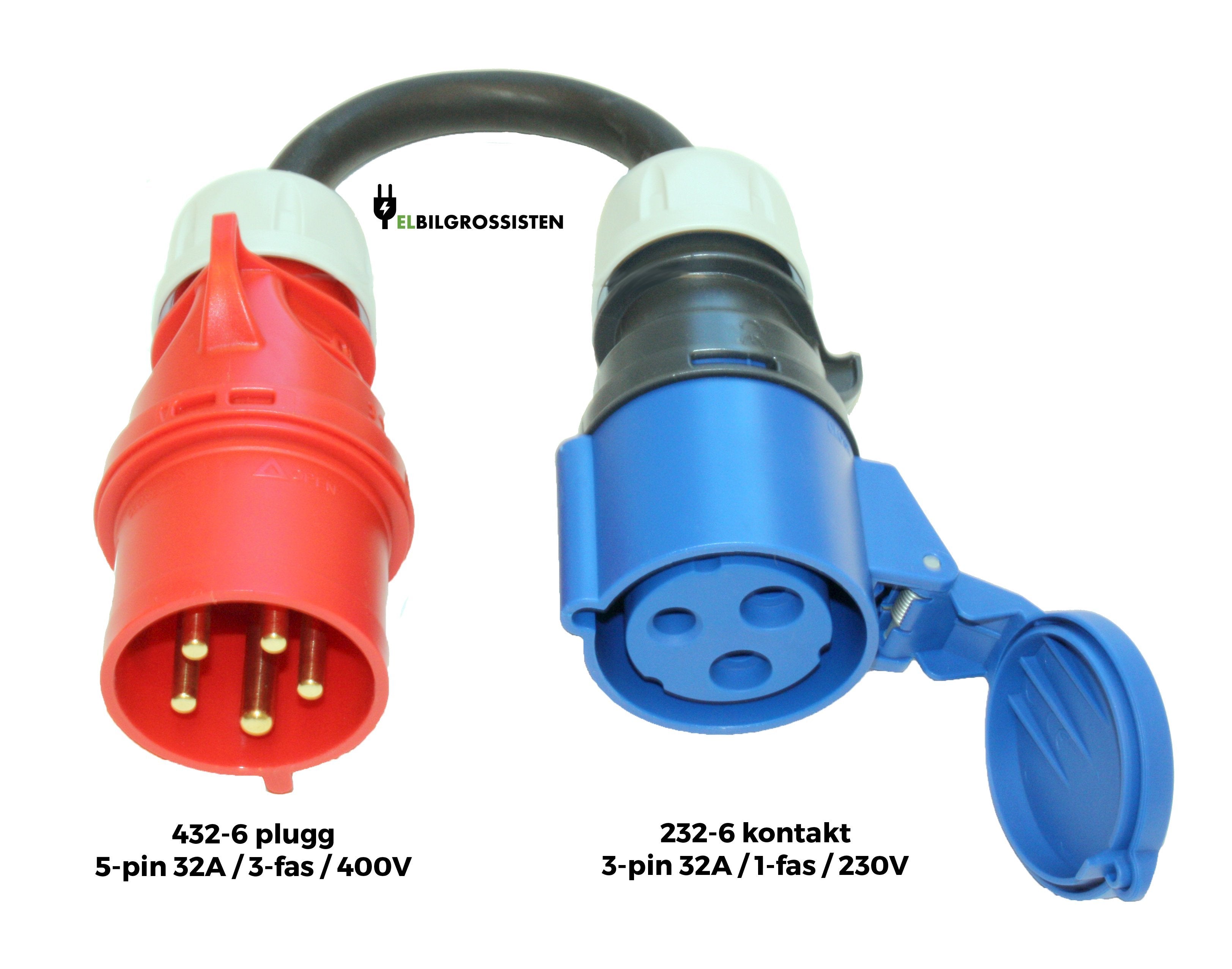 Ladekabel adapter — 32A/3-fas rød CEE støpsel (432-6) til 32A/1-fas blå CEE industrikontakt (232-6)