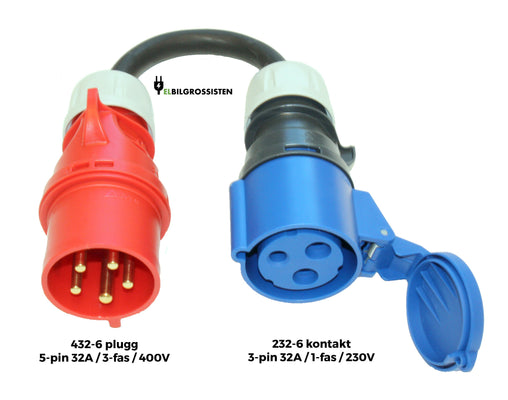 Ladekabel adapter — 32A/3-fas rød CEE støpsel (432-6) til 32A/1-fas blå CEE industrikontakt (232-6)
