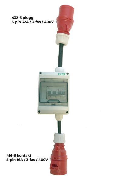Ladekabel adapter — 32A/3-fas rød CEE støpsel (432-6) til 16A/3-fas rød CEE kontakt (416-6)